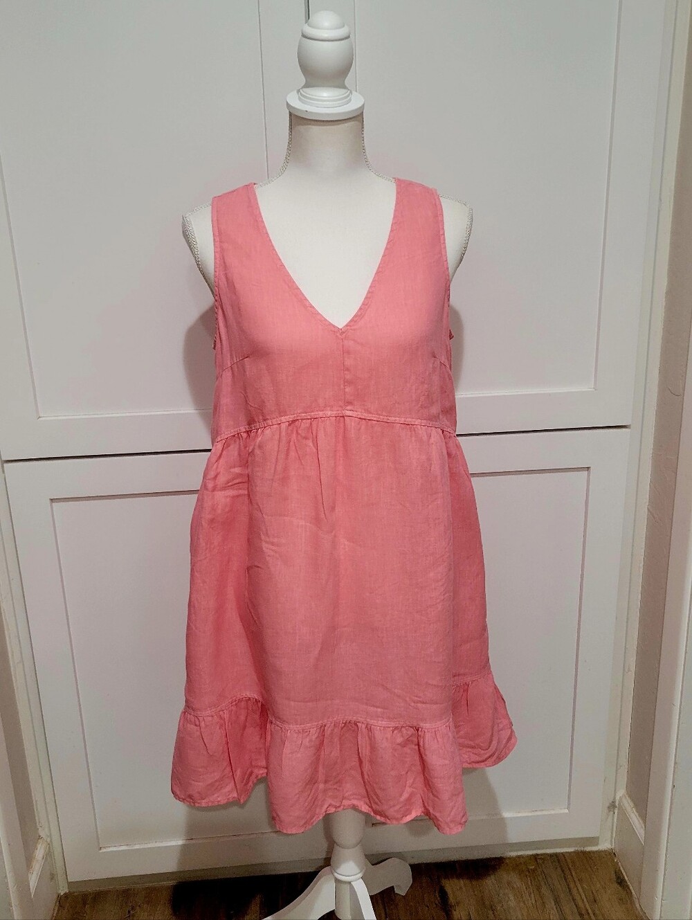 Cynthia Rowley 100% Linen Coral Pink V-Neck Ruffle-Hem Sundress | Medium